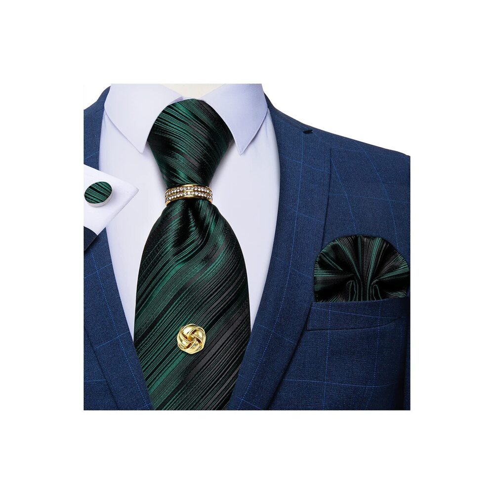 9422 Solid Color Necktie Set Gold Tie Tack & Ring Pocket Square
